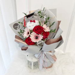 Graduation Bouquet 06 (Convo Line Toy with 3 pink gerbera & 3 red roses)